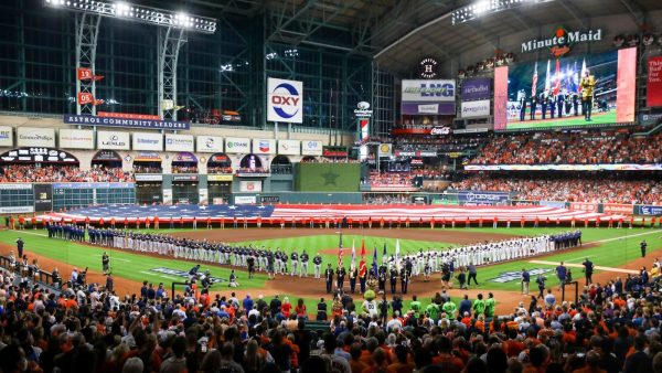 The Astros and the Braves stand for the National Anthem to start off the 2021 World Series.

Photo | MLB Photos 
