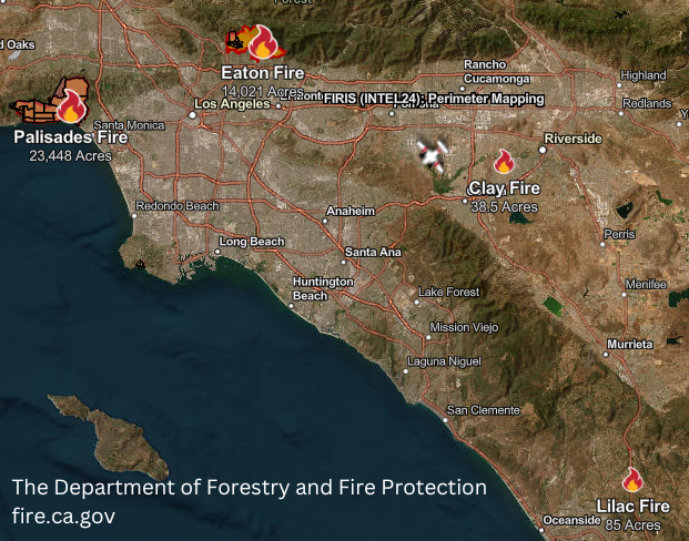 The Department of Forestry and Fire Protection shows where fires are burning throughout the LA area.